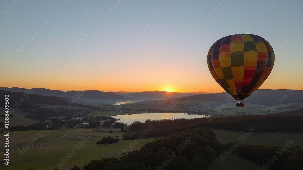 Obraz premium Hot air balloon soaring over a tranquil landscape at sunrise.