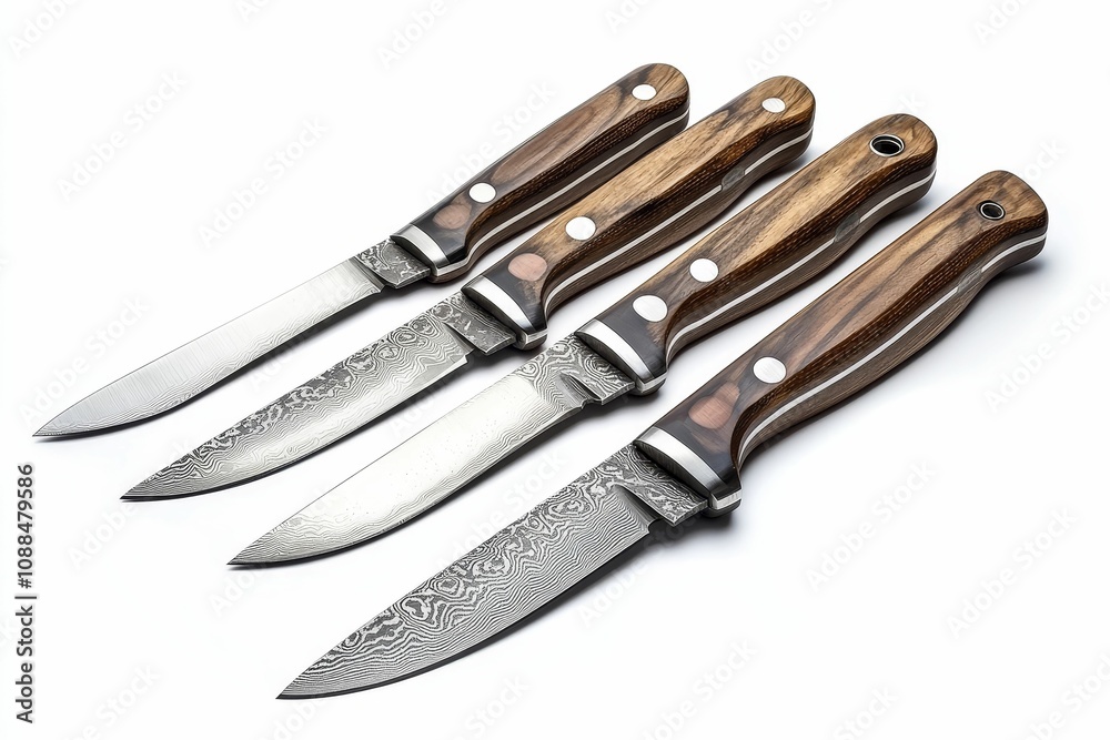 Fototapeta premium Four Damascus steel knives with wood handles.