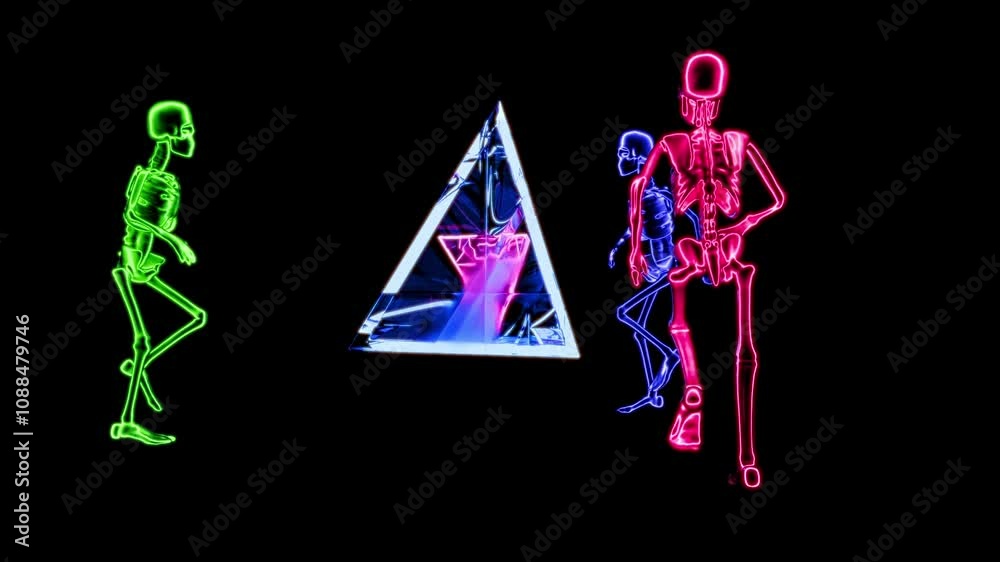 VJ loop featuring glowing skeletons and a vibrant prism display