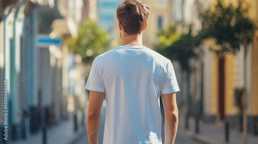 Young man walking down a sunny street in a vibrant urban setting during the morning hours Young man walking down a sunny street in a vibrant urban setting during the morning hours