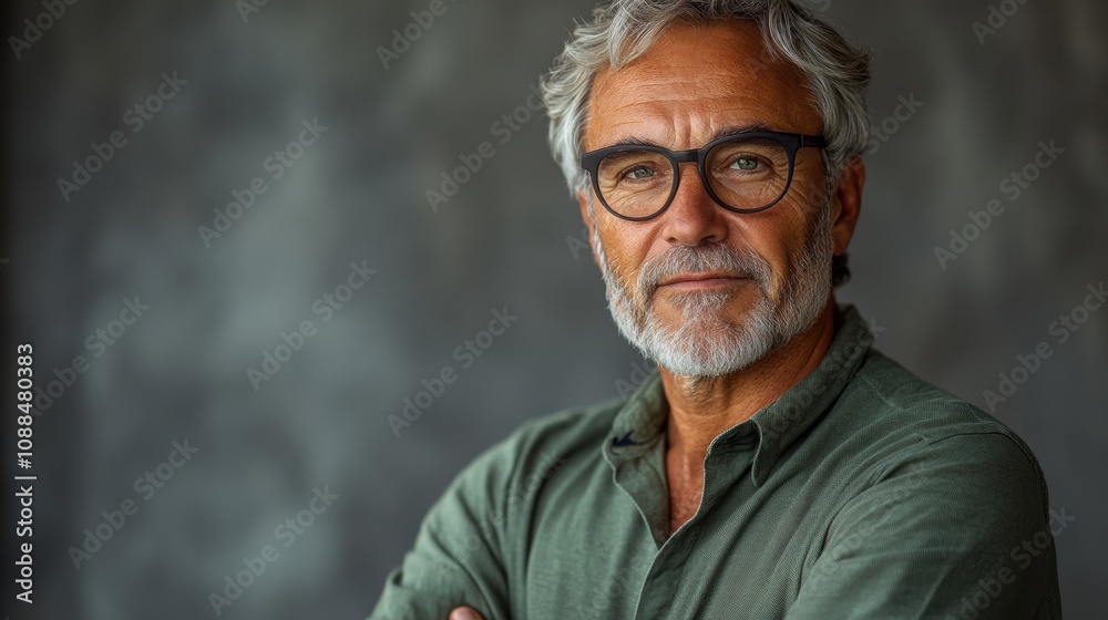 Elegant older businessman with a green shirt, arms crossed, isolated on a grey background. Elegant older businessman with a green shirt, arms crossed, isolated on a grey background.