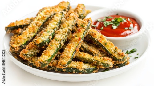 A plate of crispy zucchini fries served with marinara sauce, Each fry coated in seasoned breadcrumbs and fried to golden perfection photo