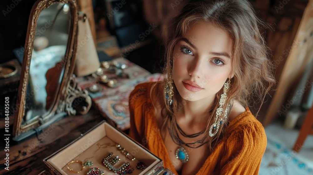Fototapeta premium A woman in an orange shirt is holding a box of jewelry