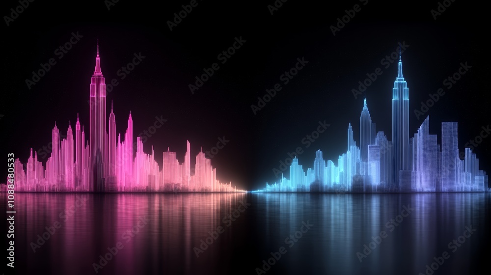 Stunning night cityscape reflected in calm waters, a breathtaking urban skyline mirroring in the tranquil water surface creates an amazing spectacle of light and shadow. Stunning night cityscape reflected in calm waters, a breathtaking urban skyline mirroring in the tranquil water surface creates an amazing spectacle of light and shadow.