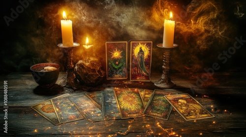 Tarot cards on a fortune tellers table used to predict the future, divination and esotericism