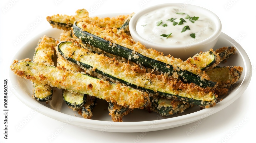 A plate of crispy zucchini fries with a golden breadcrumb coating and a side of creamy dipping sauce, Each fry’s tender interior and crunchy exterior captured with precision A plate of crispy zucchini fries with a golden breadcrumb coating and a side of creamy dipping sauce, Each fry’s tender interior and crunchy exterior captured with precision