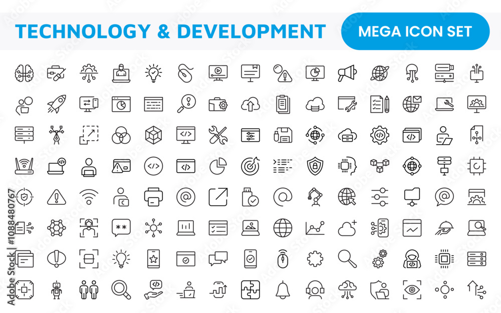 Technology and Development Icon Set. Modern and innovative icons tailored for tech apps and projects, perfect for showcasing development tools, software solutions, and cutting-edge technologies. Technology and Development Icon Set. Modern and innovative icons tailored for tech apps and projects, perfect for showcasing development tools, software solutions, and cutting-edge technologies.