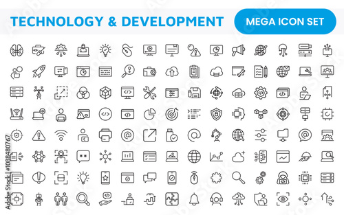Technology and Development Icon Set. Modern and innovative icons tailored for tech apps and projects, perfect for showcasing development tools, software solutions, and cutting-edge technologies.