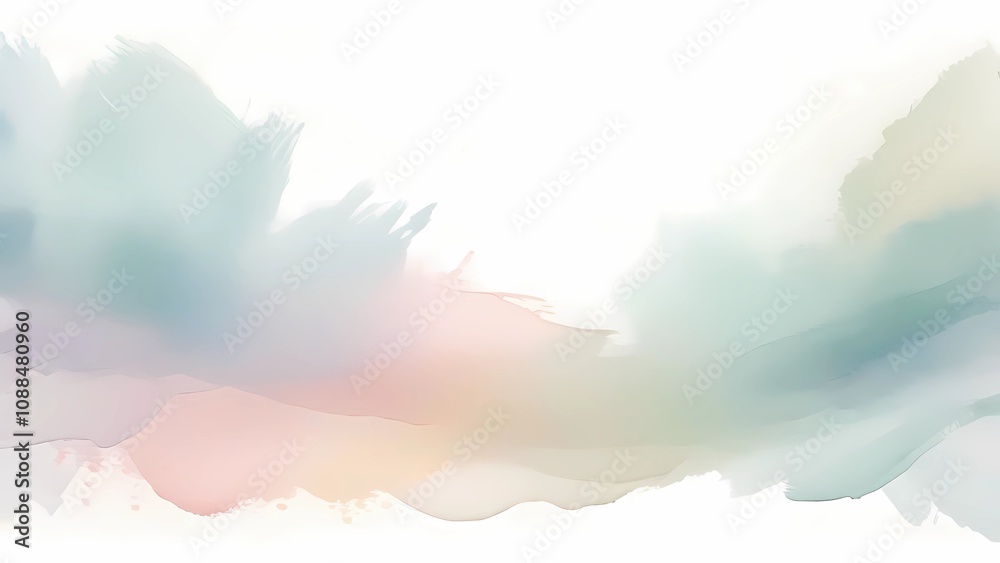 Fototapeta premium Light watercolor brush strokes in soft pastel tones framing the edges, creating a calm and inviting background with a clear center