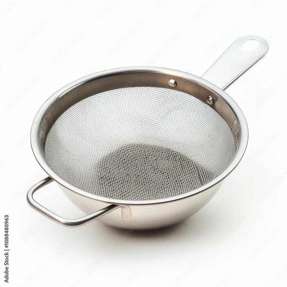 Stainless steel strainer with a mesh. Stainless steel strainer with a mesh.