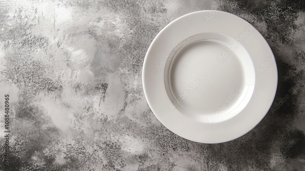 A white plate sits on a textured gray surface. A white plate sits on a textured gray surface.