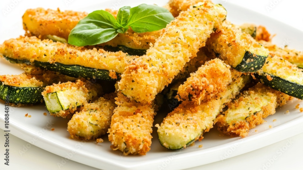 A plate of crispy zucchini fries with golden-brown breaded zucchini sticks, Each fry’s crunchy exterior and tender interior captured with precision A plate of crispy zucchini fries with golden-brown breaded zucchini sticks, Each fry’s crunchy exterior and tender interior captured with precision
