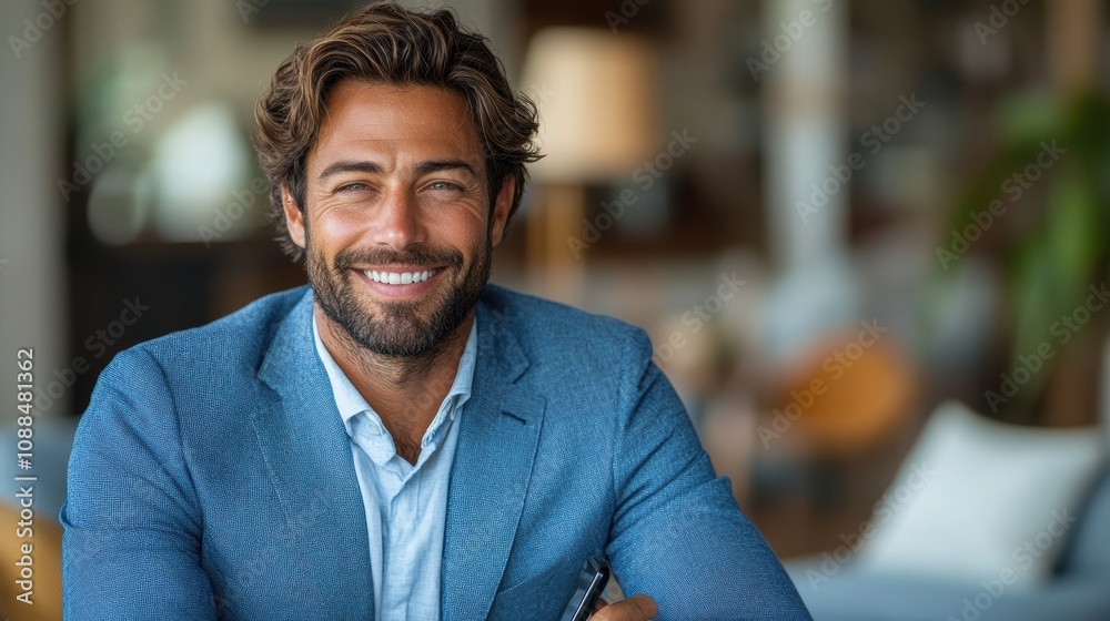 Businessman in a blue suit holding a phone, smiling, isolated on a white background. Businessman in a blue suit holding a phone, smiling, isolated on a white background.