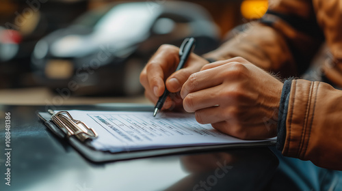 A man is writing on a clipboard with a pen. He is wearing a leather jacket and he is focused on his task