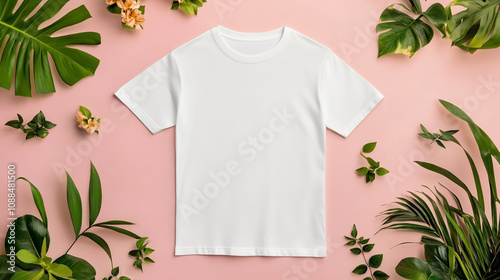 Mockup of a blank white t-shirt surrounded by tropical plants on a pink background photo