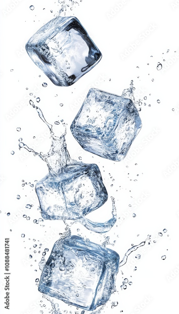 Stunning clear ice cube creates captivating water splashes. Stunning clear ice cube creates captivating water splashes.