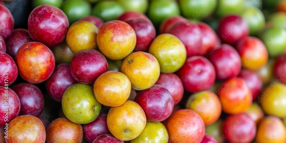 Close up view of a vibrant stack of ambarellas, also known as jewel plums, displayed at a market stall, showcasing the fresh ambarellas in their natural appeal and tempting colors. Close up view of a vibrant stack of ambarellas, also known as jewel plums, displayed at a market stall, showcasing the fresh ambarellas in their natural appeal and tempting colors.