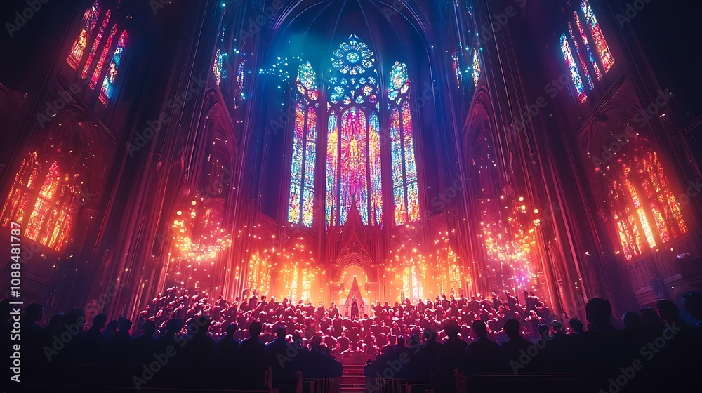 A powerful choir performance, singers in a dynamic formation, their voices rising with emotion, the grand cathedral towering behind, vibrant stained glass reflections illuminating their faces, A powerful choir performance, singers in a dynamic formation, their voices rising with emotion, the grand cathedral towering behind, vibrant stained glass reflections illuminating their faces,