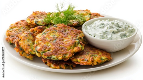 A plate of crispy zucchini fritters served with a side of tangy tzatziki sauce, Each fritter golden and crunchy, Set against an isolated white background to showcase its vegetarian delight 