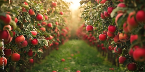 Red apples await picking in a lush orchard, showcasing trees adorned with vibrant red apples. Enjoy the beauty of these trees filled with ripe red apples, perfect for harvest.