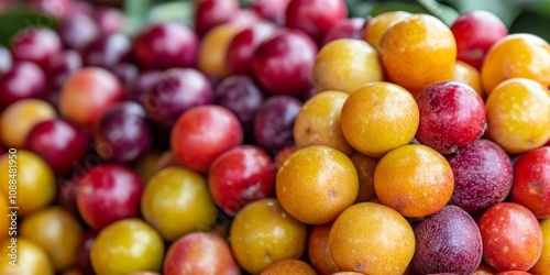 Close up view of a vibrant stack of ambarellas, also known as jewel plums, displayed at a market stall, showcasing the fresh ambarellas in their natural appeal and tempting colors. photo