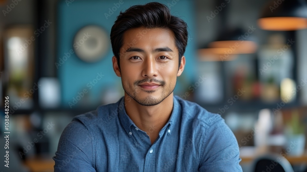 Young Asian businessman posing against a blue background. Young Asian businessman posing against a blue background.