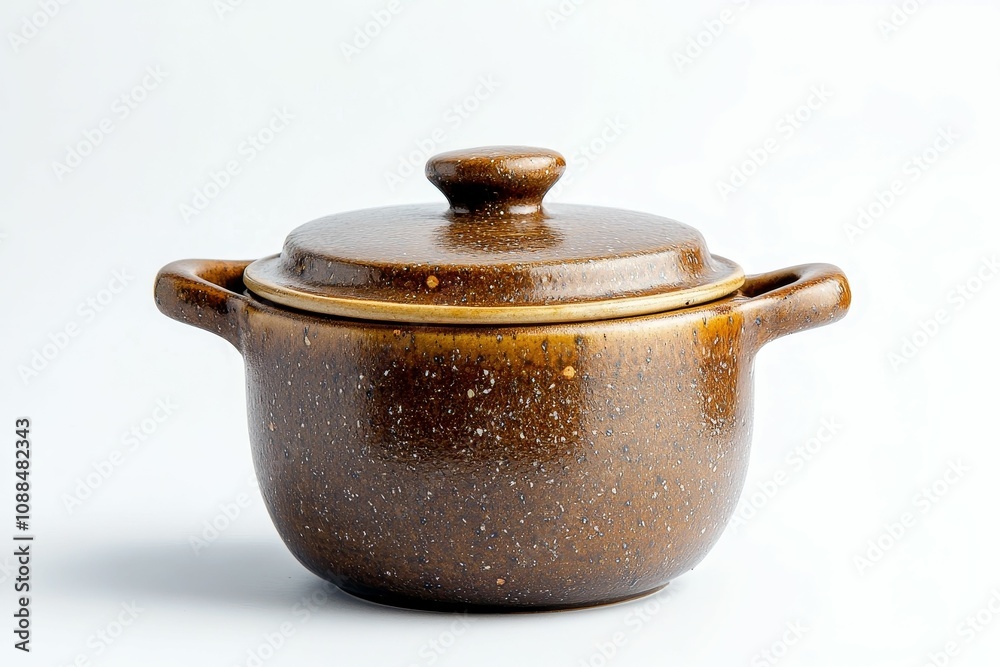 Brown ceramic pot with lid on white background. Brown ceramic pot with lid on white background.