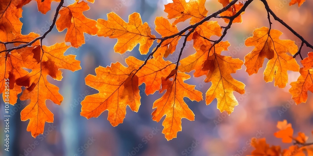Vibrant orange autumn leaves adorn an oak branch amidst a forest scene, showcasing the beauty of autumn. This autumn themed image captures the essence of colorful foliage and its seasonal charm. Vibrant orange autumn leaves adorn an oak branch amidst a forest scene, showcasing the beauty of autumn. This autumn themed image captures the essence of colorful foliage and its seasonal charm.