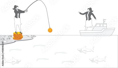 One businessman fishing on top of a stack of gold coins and baiting his hook with Bitcoin Cryptocurrency to attract people