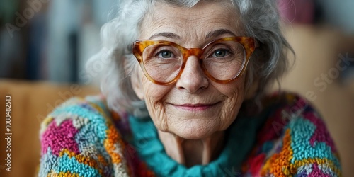 an older woman wearing glasses and a colorful sweater photo