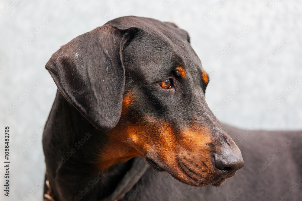 A close up of a black and tan Doberman Pinscher, emphasizing its piercing gaze and glossy coat. The image centers on the dog's eye and muzzle, accentuating its unique markings. Doberman dog portrait A close up of a black and tan Doberman Pinscher, emphasizing its piercing gaze and glossy coat. The image centers on the dog's eye and muzzle, accentuating its unique markings. Doberman dog portrait