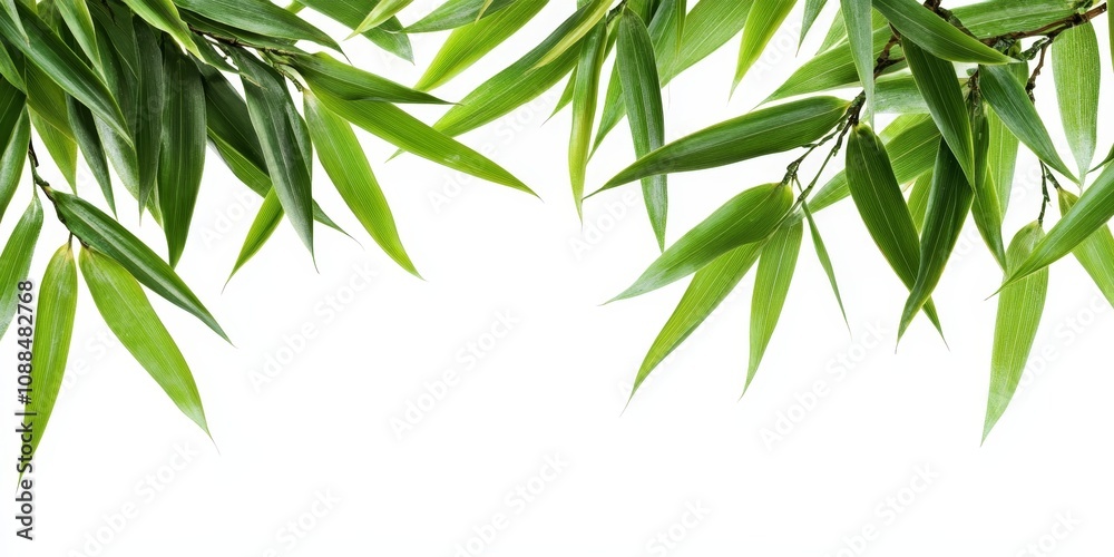 Fototapeta premium Isolated bamboo leaves set against a white background, showcasing the delicate structure and vibrant color of bamboo leaves. This image of bamboo leaves includes a clipping path for easy use.