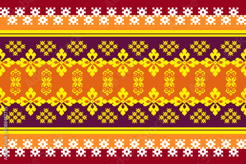 Abstract geometric ethnic pattern design for clothing, fabric, background, wallpaper, wrapping, batik. Knitwear, Pixel pattern, Embroidery style. Vector illustration