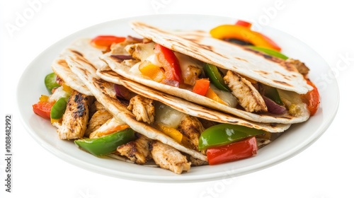 A plate of delicious chicken quesadillas with grilled chicken, melted cheese, sautéed peppers and onions