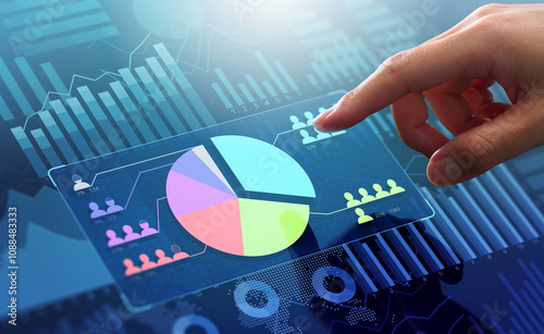 Market research and marketing analytics. Survey of customers and statistics data. Analyst touching circle chart and graphs.