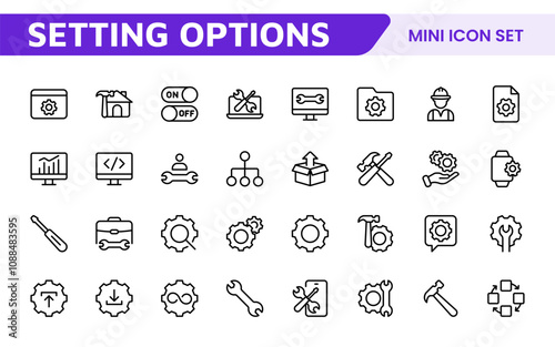 Settings and Maintenance Icon Set. Sleek and functional icons for user interfaces, perfect for enhancing apps and websites with intuitive navigation for settings, updates, and maintenance.