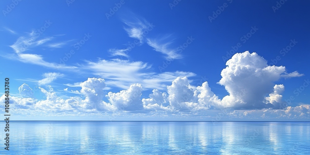 Vibrant blue sky showcasing fluffy clouds above a serene sea, creating a stunning view of the blue sky and the calm waters below, highlighting the beauty of nature in a harmonious scene. Vibrant blue sky showcasing fluffy clouds above a serene sea, creating a stunning view of the blue sky and the calm waters below, highlighting the beauty of nature in a harmonious scene.