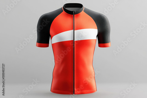 Jersey designed like a cycling jersey. Vibrant colors, geometric patterns, and logos reminiscent of professional cycling attire, suitable for sporty individuals. photo