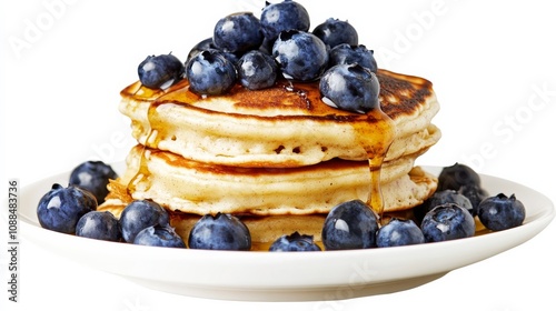 A plate of fluffy buttermilk pancakes topped with fresh blueberries and a drizzle of maple syrup, Each pancake stack piled high and inviting