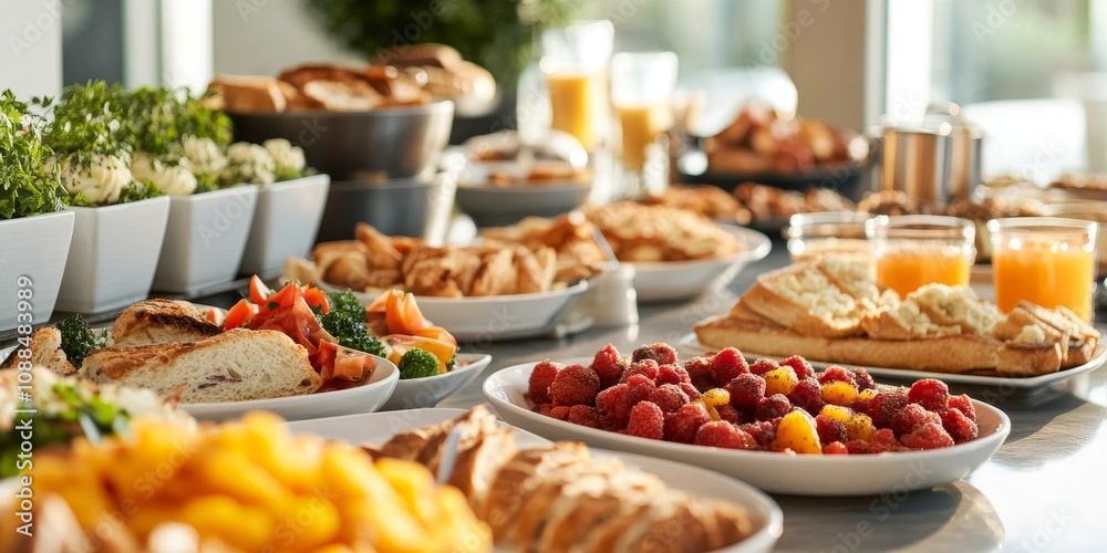 Breakfast buffet table showcasing a variety of foods, featuring savory items, sweet treats, pastries, and a selection of hot and cold drinks for a delightful breakfast experience. Breakfast buffet table showcasing a variety of foods, featuring savory items, sweet treats, pastries, and a selection of hot and cold drinks for a delightful breakfast experience.