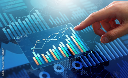 Obraz na płótnie Graphs and reports about business data analysis. Technology for marketing and finance management strategy. Manager touching growth graph on analytics dashboard. w salonie