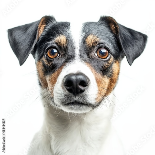 A close up of a dog's face on a white background.