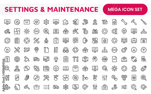 Settings and Maintenance Icon Set. Sleek and functional icons for user interfaces, perfect for enhancing apps and websites with intuitive navigation for settings, updates, and maintenance.