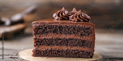 Close up image showcasing a slice of chocolate cake, highlighting the rich texture and indulgent layers of this delectable chocolate cake treat. Perfect for chocolate cake enthusiasts. photo