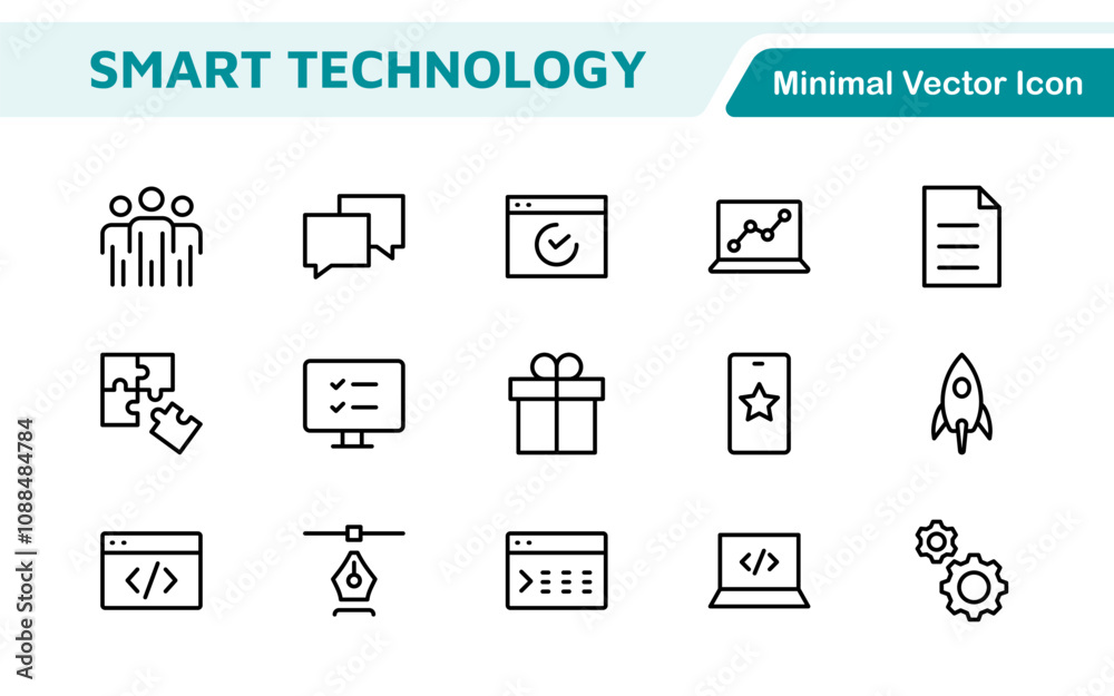 Fototapeta premium Technology and Development Icon Set. Modern and innovative icons tailored for tech apps and projects, perfect for showcasing development tools, software solutions, and cutting-edge technologies.