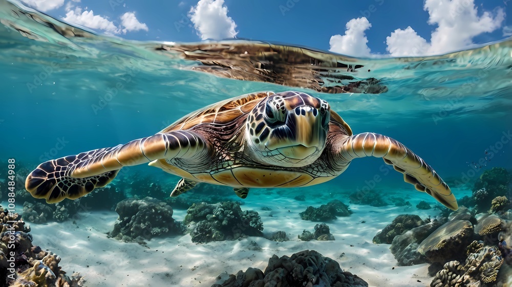 Fototapeta premium Green Sea Turtle and coral reef