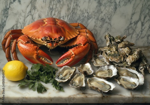 Fresh seafood display featuring a large red crab, plump oysters, vibrant lemon, and green parsley arranged on a marbled surface for culinary inspiration and gourmet themes photo