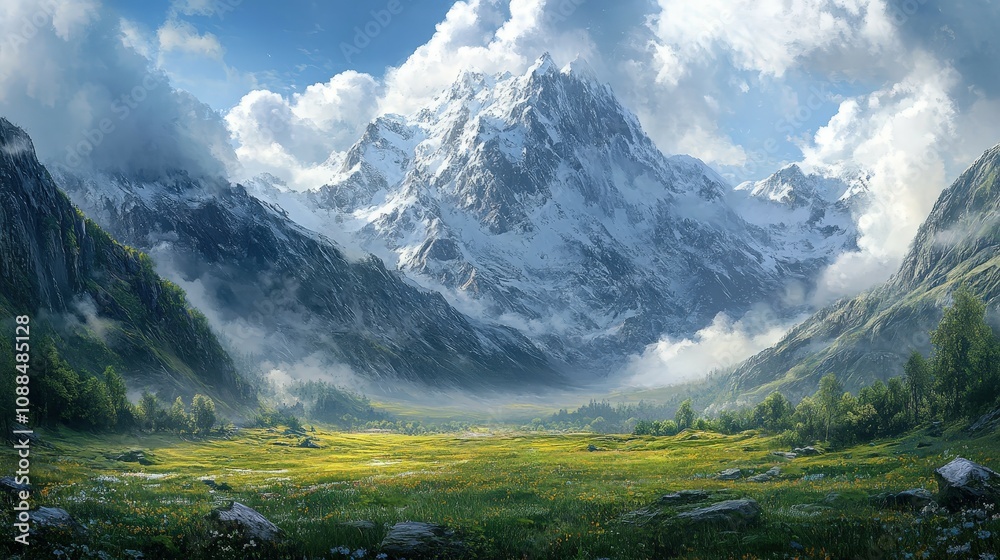 A breathtaking mountain landscape featuring snow-capped peaks, lush greenery, and dramatic clouds, perfect for nature enthusiasts.