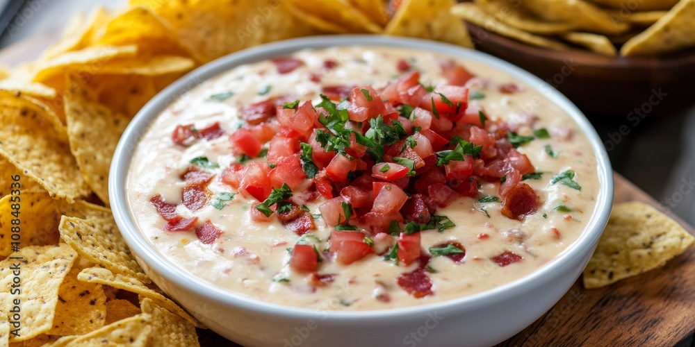 Thick creamy queso cheese dip made with bacon, peppers, and tomatoes, served with crispy tortilla chips creates a delicious snack. Enjoy this tasty queso cheese dip for gatherings and parties. Thick creamy queso cheese dip made with bacon, peppers, and tomatoes, served with crispy tortilla chips creates a delicious snack. Enjoy this tasty queso cheese dip for gatherings and parties.