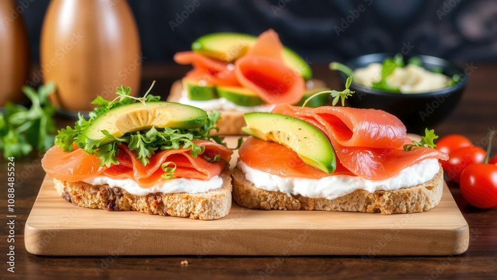 Gourmet Breakfast Delight: Smoked Salmon Avocado Toast with Cream Cheese and Fresh Greens on Rustic Wooden Board Gourmet Breakfast Delight: Smoked Salmon Avocado Toast with Cream Cheese and Fresh Greens on Rustic Wooden Board